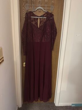 Soieblu Burgundy Long Sleeve Lace & Chiffon Evening Gown